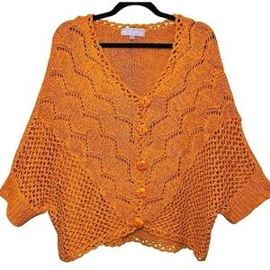 Vintage Pretty Angel Crochet Knit Cardigan Sweater M Orange Boho Dolman Sleeve